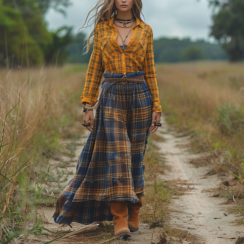 Women's Vintage V-neck Bohemian Pastoral Style Long-sleeve Maxi Long Dress