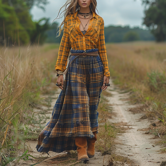 Women's Vintage V-neck Bohemian Pastoral Style Long-sleeve Maxi Long Dress