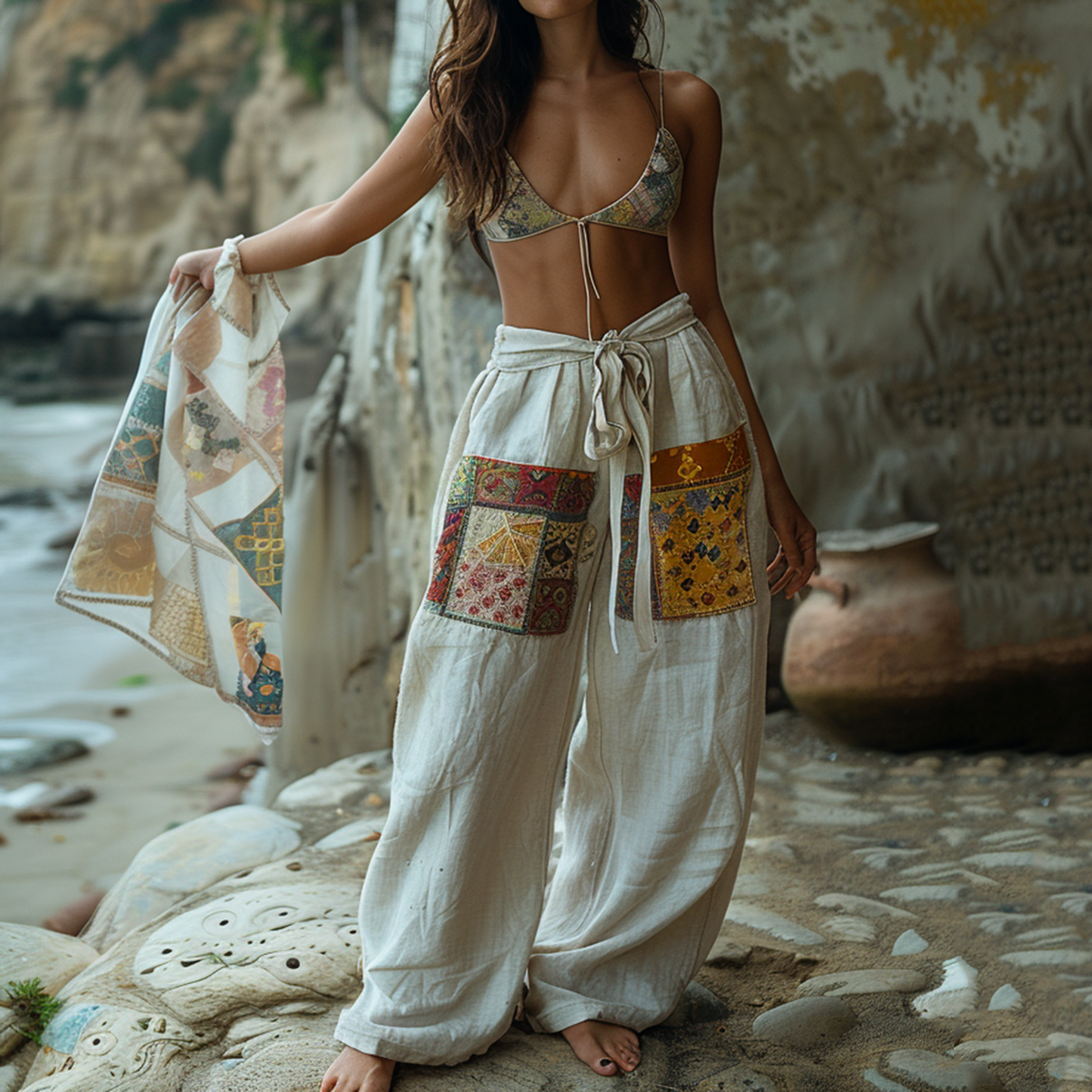 Ethnic Resort Linen Lace-up Loose Bohemia Style Trousers