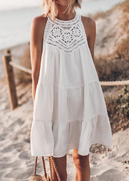 Hollow Lace Stitching Halter Neck A-line Dress