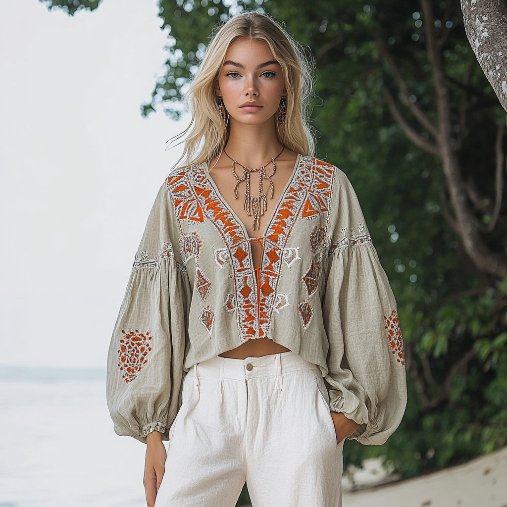 Women's Bohemian Ethnic Pattern Linen Style Casual Long-sleeved Top Shirt