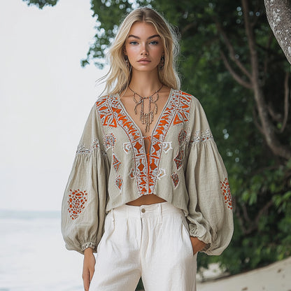 Women's Bohemian Ethnic Pattern Linen Style Casual Long-sleeved Top Shirt