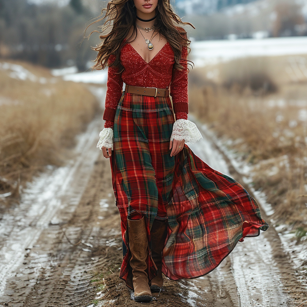 Women's Retro Plaid V-neck Long-sleeve Long Skirt Pastoral Style Maxi Long Dress