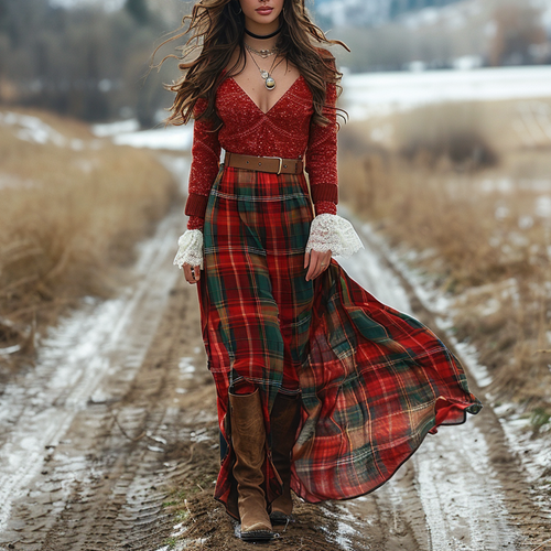 Women's Retro Plaid V-neck Long-sleeve Long Skirt Pastoral Style Maxi Long Dress