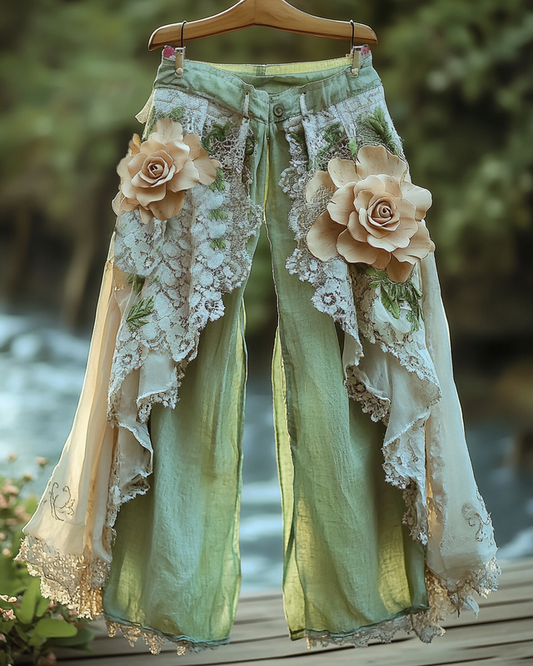 Summer Vacation Ruffle Lace Patchwork Irregular Pants  450a