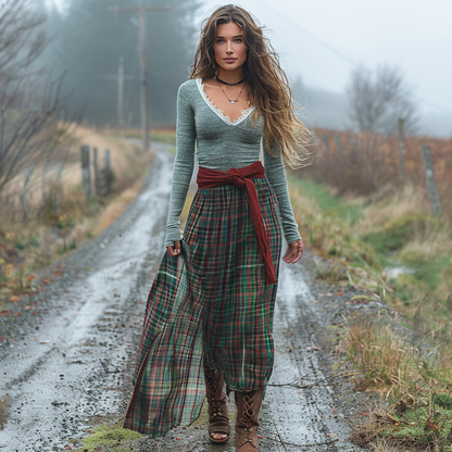 Women's Retro Plaid V-neck Long-sleeve Long Skirt Pastoral Style Maxi Long Dress