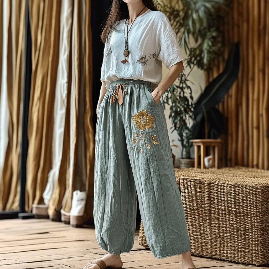 Women's Linen Bohemian Style Floral Wide-leg Trousers Pants