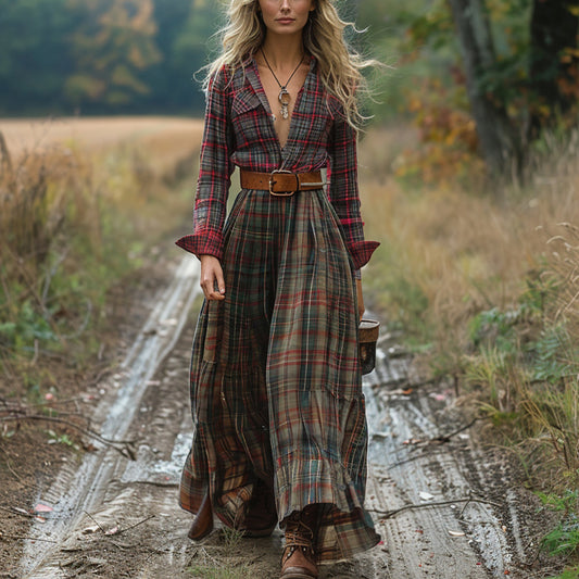 Women's Vintage V-neck Bohemian Pastoral Style Long-sleeve Maxi Long Dress
