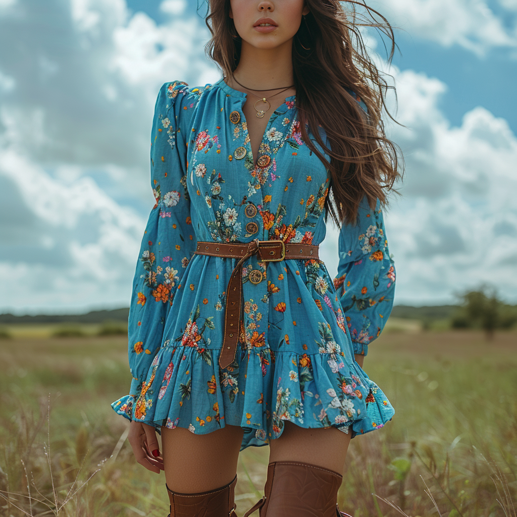 Women's Retro Floral Bohemian Pastoral Style Long-sleeved Mini Short Dress