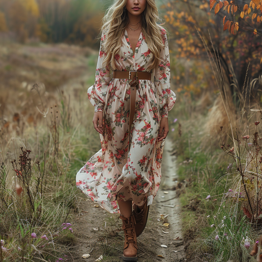 Women's Retro V-neck Floral Long-sleeve Bohemian Pastoral Style Maxi Long Dress