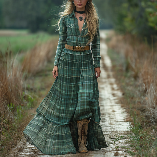 Women's Vintage V-neck Bohemian Pastoral Style Long-sleeve Maxi Long Dress