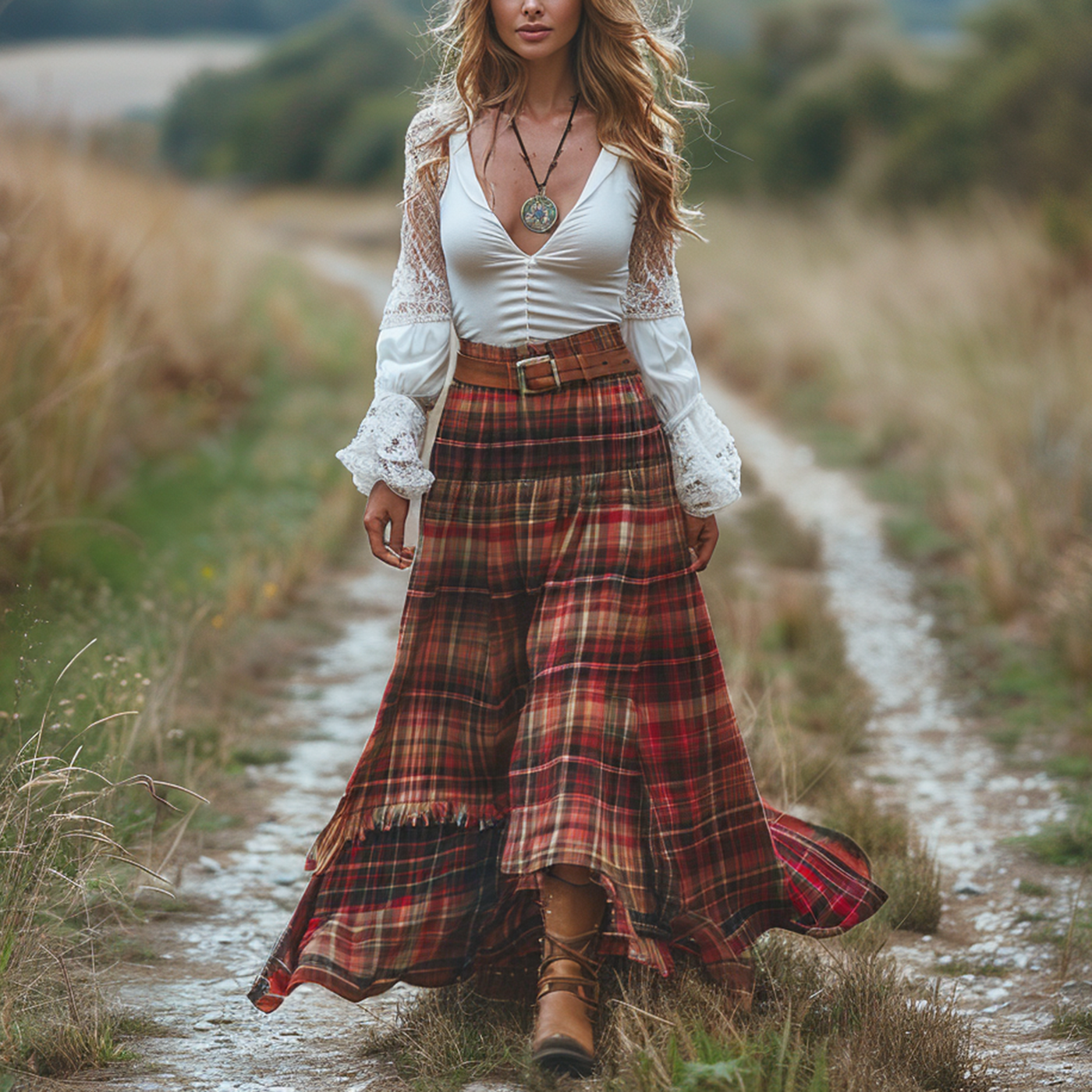 Women's Retro Plaid V-neck Long-sleeve Long Skirt Pastoral Style Maxi Long Dress