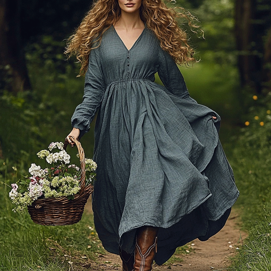 Women's Linen Bohemian Style Solid V-neck Maxi Long Dress
