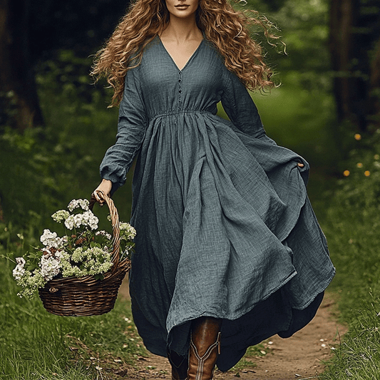 Women's Linen Bohemian Style Solid V-neck Maxi Long Dress