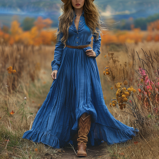 Women's Vintage V-neck Bohemian Pastoral Style Long-sleeve Maxi Long Dress
