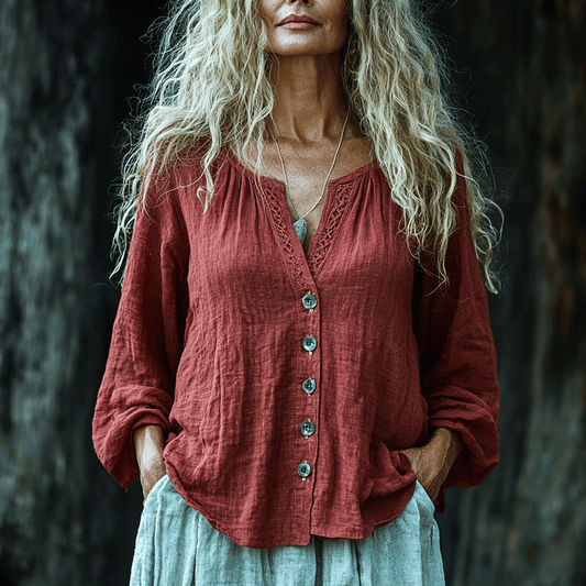 Women's Casual Bohemian Linen Style Long-sleeve Top Shirt