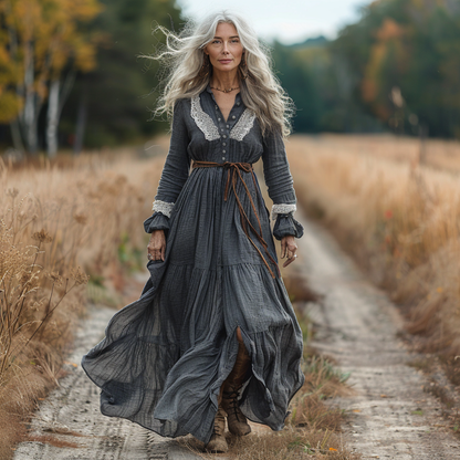 Women's Vintage Pastoral Style V-neck Linen Long-sleeve Maxi Long Dress