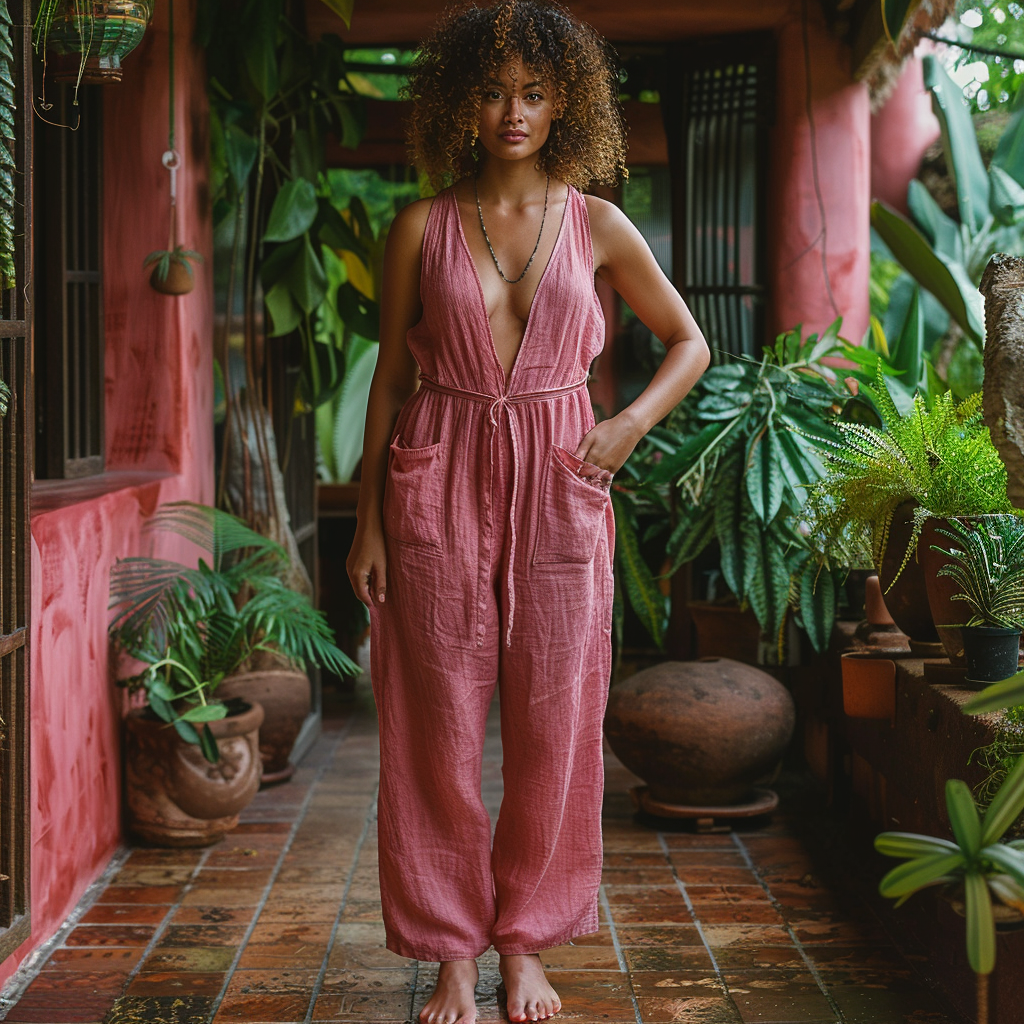 Women's Linen Retro Ethnic Bohemia Style Large Silhouette V-neck Jumpsuit