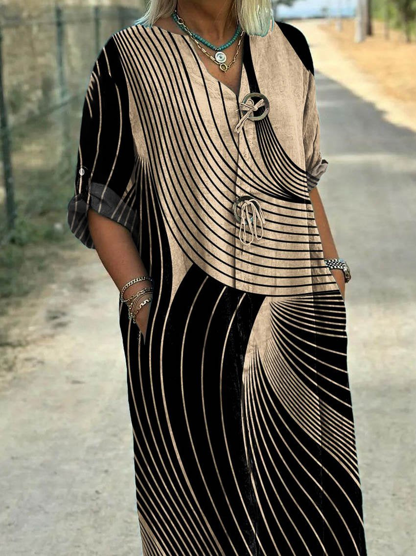 Women's  Retro Geometric Art  Print Pocket Cotton Dress