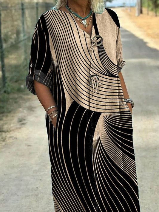 Women's  Retro Geometric Art  Print Pocket Cotton Dress