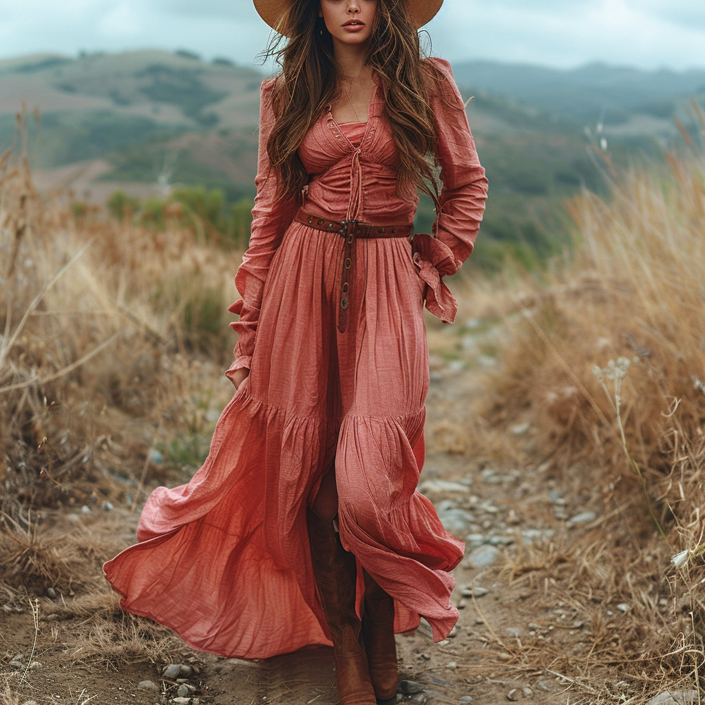 Women's Vintage V-neck Bohemian Pastoral Style Long-sleeve Maxi Long Dress