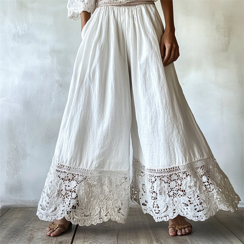 Hamivibe Vintage Boho Floral Lace Hem Flowy Linen Pants f441