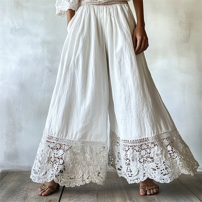 Hamivibe Vintage Boho Floral Lace Hem Flowy Linen Pants f441