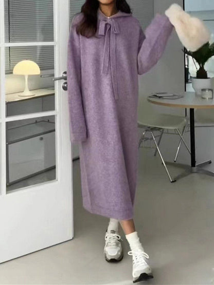 Women's Casual Hooded Collar Long Solid Color Knit Dress