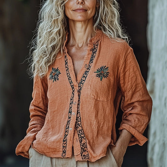 Women's Linen Bohemian Simple Long Sleeve Casual Shirt