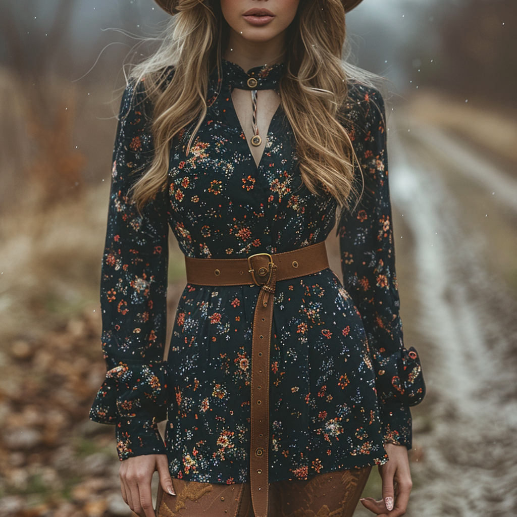Women's Retro V-neck Floral Bohemian Pastoral Style Long-sleeved Mini Short Dress