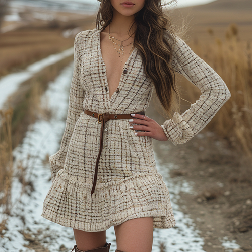 Women's Retro Plaid Pastoral Style Long-sleeve Mini Short Dress