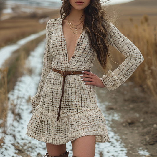 Women's Retro Plaid Pastoral Style Long-sleeve Mini Short Dress