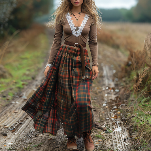 Women's Retro Plaid V-neck Long-sleeve Long Skirt Pastoral Style Maxi Long Dress