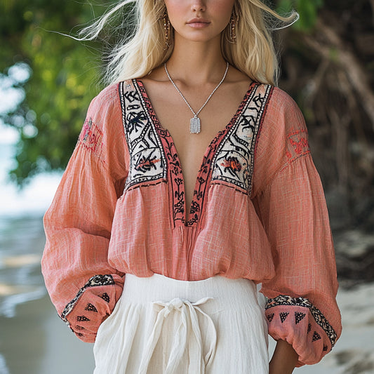 Women's Bohemian Ethnic Pattern Linen Style Casual Long-sleeved Top Shirt