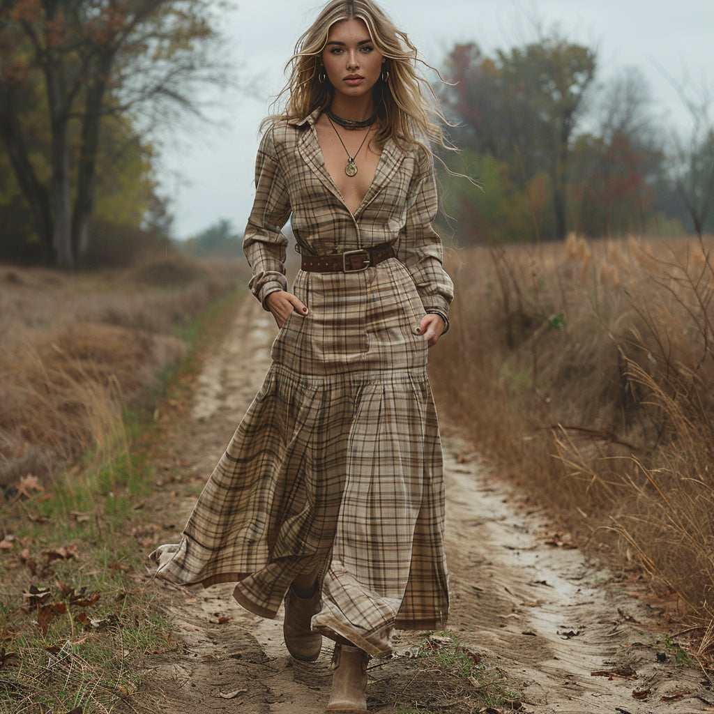 Women's Vintage V-neck Bohemian Pastoral Style Long-sleeve Maxi Long Dress