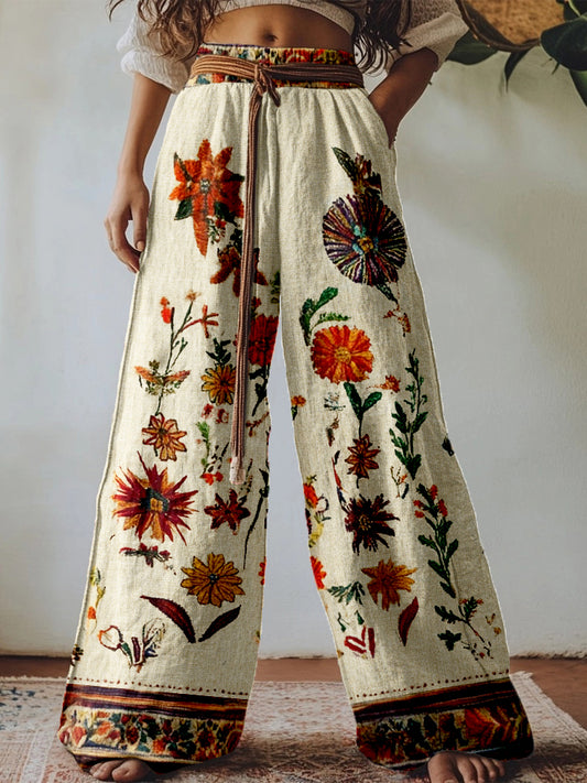 Vintage Floral Embroidered Linen Blend Comfy Pants 9ffe