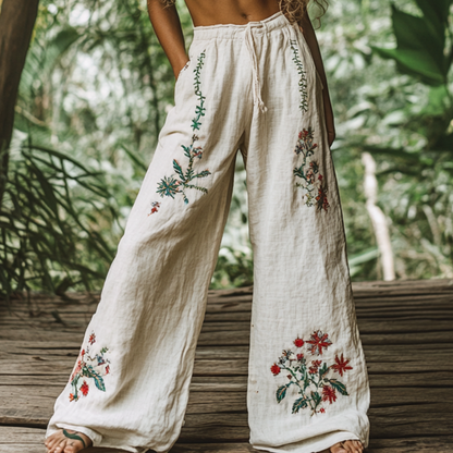 Bohemian Holiday Style Retro Linen Floral Ethnic Totem Print Casual Pants