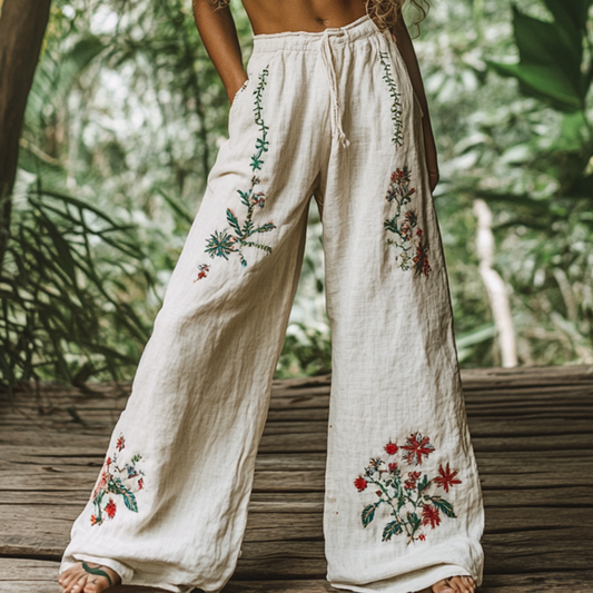 Bohemian Holiday Style Retro Linen Floral Ethnic Totem Print Casual Pants