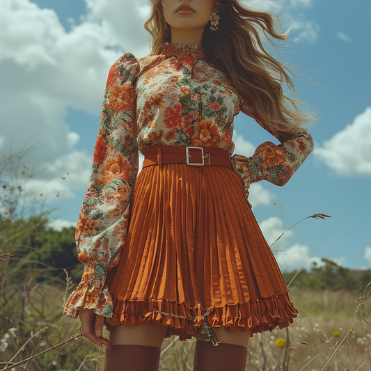 Women's Retro Floral Bohemian Pastoral Style Long-sleeved Mini Short Dress