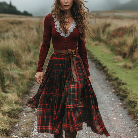 Women's Retro Plaid V-neck Long-sleeve Long Skirt Pastoral Style Maxi Long Dress