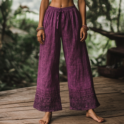 Bohemian Holiday Style Retro Linen Floral Ethnic Totem Print Casual Pants