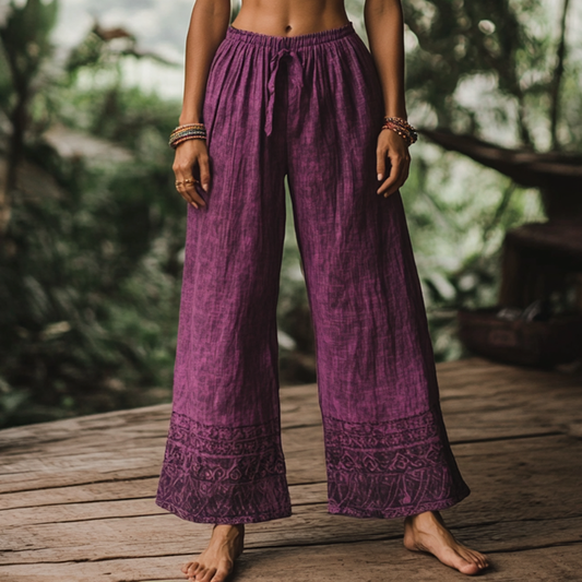 Bohemian Holiday Style Retro Linen Floral Ethnic Totem Print Casual Pants