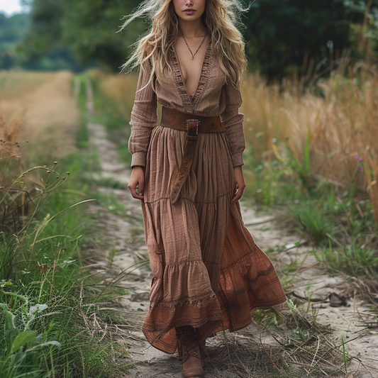 Women's Vintage V-neck Bohemian Pastoral Style Long-sleeved Maxi Long Dress