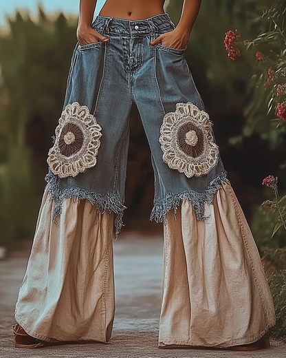 Vintage Loose Casual Denim Splicing Jeans Pants 2762