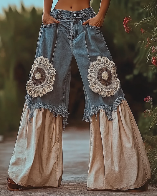 Vintage Loose Casual Denim Splicing Jeans Pants 2762