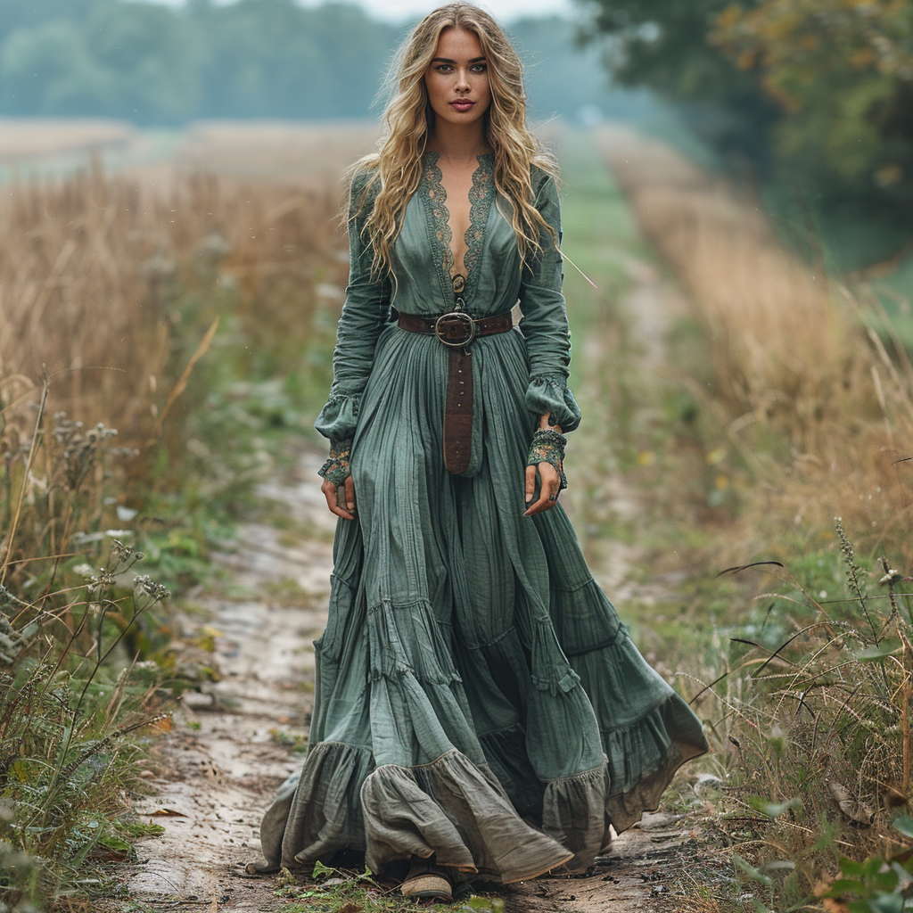 Women's Retro V-neck Country Pastoral Linen Style Long-sleeve Casual Maxi Long Dress