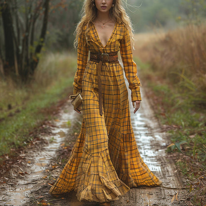Women's Vintage V-neck Bohemian Pastoral Style Long-sleeve Maxi Long Dress