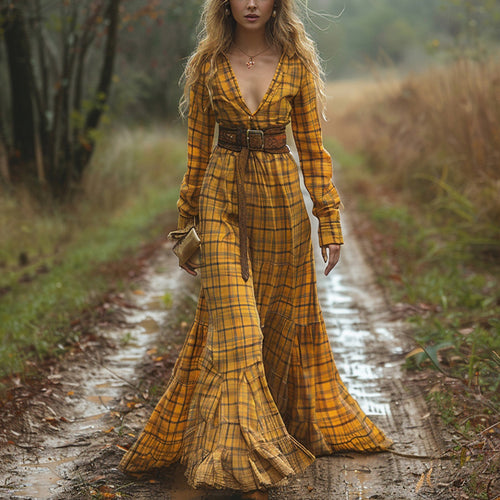 Women's Vintage V-neck Bohemian Pastoral Style Long-sleeve Maxi Long Dress