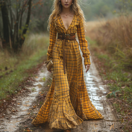 Women's Vintage V-neck Bohemian Pastoral Style Long-sleeve Maxi Long Dress