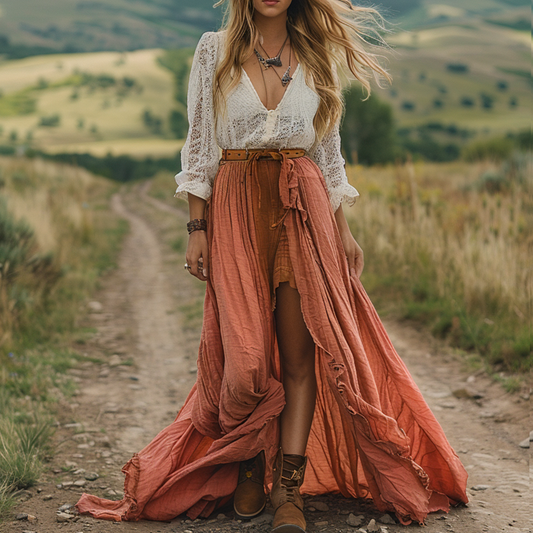 Women's Retro V-neck Country Pastoral Linen Style Long-sleeve Casual Maxi Long Dress
